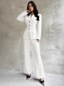 Firerie Women's Elegant Old Money Style Blazer Jacket And Slim Fit Flare Leg Pants Suit 2 Pieces Set - White - View 7