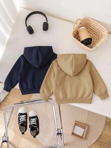 SHEIN 2件組嬰兒男孩女孩秋冬可愛百搭簡約純色連帽外套大衣 灰色連帽衫黑色連帽衫套裝 適合秋冬 - 彩色 - 查看 3