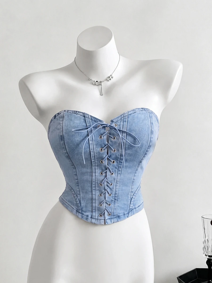 SHEIN Women's Denim Lace-Up Tube Top - Blue - View 1