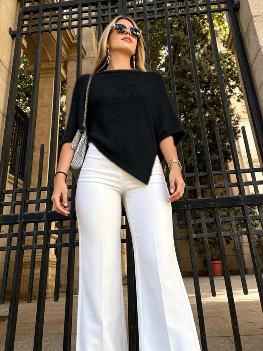 SHEIN PariChic 女款純色船領不對稱下擺休閒毛衣 - 黑色 - 查看 1