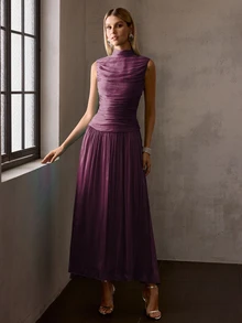MOTF PREMIUM FRENCH STYLE SLEEVELESS HIGH NECK RUCHED CINCHED WAIST LONG DRESS FOR WOMEN - Red Violet - View 5