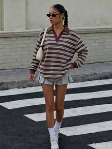 Muchica Women's Polo Collar Long Sleeve Loose Sweatshirt, Casual Minimalist Sporty Streetwear Versatile Party Airport Outfit Y2K Tops, Brown & Blue Striped Collegiate Print Pattern, Women's Going Out Outfit, Women's Summer Outfit - Multicolor - View 5