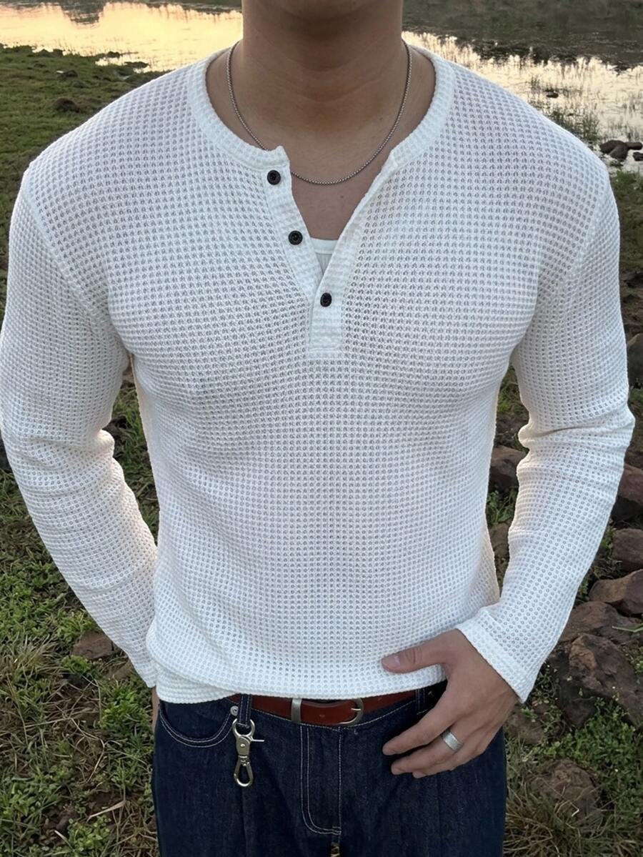DAZY Spring/Autumn White Round Neck Half-Button Waffle Texture Fabric Long Sleeve Men's T-Shirt - White - View 1