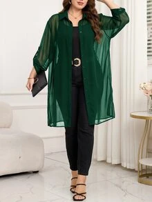 Reflora Plus Size Women's Solid Color Casual Versatile Daily Wear Shirt - Green - View 4