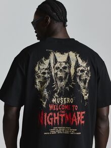 Musero Oversized Drop Shoulder Halloween Graphic Tshirt "Terror "Crew Neck Autum Winter Essentials - Black - View 6