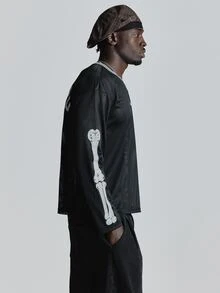Oversized Drop Shoulder Mesh Graphic Tshirt With Musero Bones "96 MUSERO" Back Print Autum Winter Essentials - Black - View 4