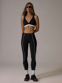 Musera Sport Legging Koordinasi Low Rise Pas Badan dengan Tepi Berpipa Kontras untuk Musim Gugur/Musim Dingin, Olahraga, Pilates, dan Gerak - Hitam - View 1