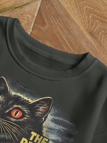 Lalippa Women's Letter Cat Print Long Sleeve Casual Crew Neck Ribbed Sweatshirt - Dark Grey - View 5