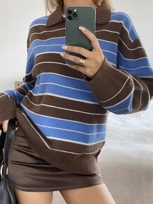 DAZY 女款拼色棕色條紋寬鬆長袖 Polo 領休閒學院風度假韓系秋季套頭針織毛衣 Y2K 早午餐風 - 棕色 - 查看 5