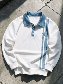 Tween Boys Casual Contrast Collar Patchwork Striped Sweatshirt Long Sleeve Preppy Polo Pullover Top - White - View 1
