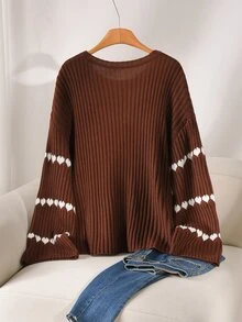 CosyJoli Plus Size Women's Heart Pattern Crew Neck Drop Shoulder Long Sleeve Casual Pullover Sweater Winter - Brown - View 2