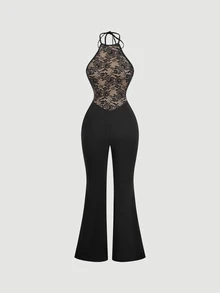 SHEIN MOD Women's Lace Patchwork Backless Halter Neck Jumpsuit - Black - View 5