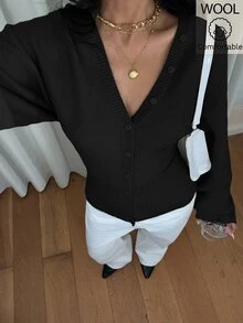 Siren Gaze 女款純色收腰鈕扣針織羊毛開襟衫 法式極簡通勤風 秋季新年毛衣 辦公穿搭 黑色 - 黑色 - 查看 5