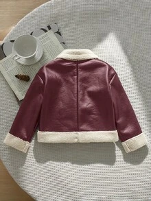 Emery Rose Kids Emery Rose Kids 女童拼色時尚拉鍊翻領PU材質秋冬夾克 - 酒紅色 - 查看 6