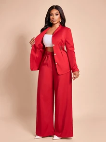 Brilight V Metal Decor Waist Slim Jacket High Waist Wide Leg Pants For Wedding Guest Office Business Party - Red - View 8