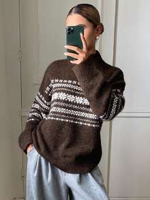 DAZY Women's Colorblock Pattern Jacquard Loose Long Sleeve Turtleneck Casual Vacation Korean Style Daily Autumn/Winter Pullover Knit Sweater - Brown - View 6