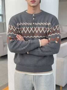 DAZY Autumn/Winter Grey Base Geometric Retro Pattern Jacquard Men's Crew Neck Half-Zip Sweater - Grey - View 1