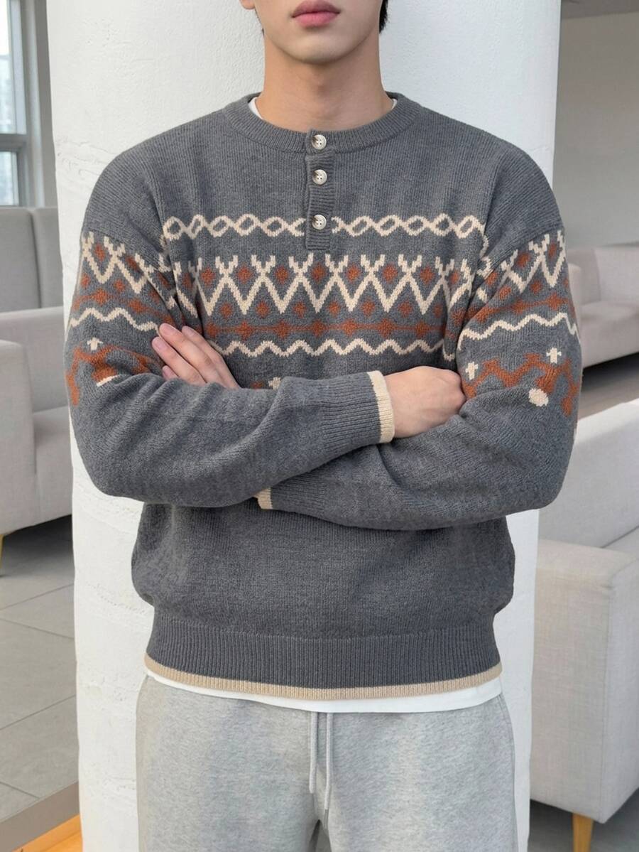 DAZY Autumn/Winter Grey Base Geometric Retro Pattern Jacquard Men's Crew Neck Half-Zip Sweater - Grey - View 1