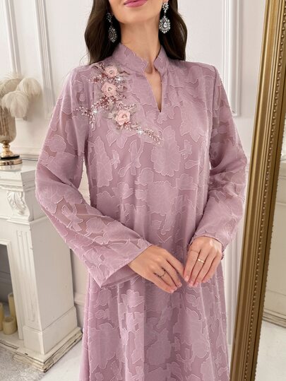 Al Najma Women's Exquisite Cut-Out 3D Floral Decor Sequin Arabian Dress