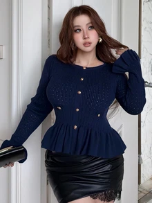 Dazy Plus Elegant Round Neck Waist-Cinching Flared Sleeve Solid Color Elegant Sweater Cardigan, Spring/Autumn New Style - Navy Blue - View 7