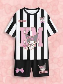 HELLO KITTY AND FRIENDS | SHEIN طقم تي شيرت وشورت للبنات المراهقات بطبعة كرتونية مخططة مع حروف وأكمام قصيرة - أبيض - مشاهدة 8