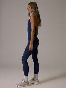 Musera Sport Seamless Fitted Scoop Halterneck Top With Fitted Logo Back Leggings Sold As Set Coord Sold As Set Winter Fall Autumn Active Pilates Motion - Navy Blue - View 2