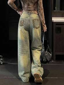 DAZY Women's Street Leopard Print Patchwork Pocket Distressed Denim Jeans Fall - Dusty Blue - View 7