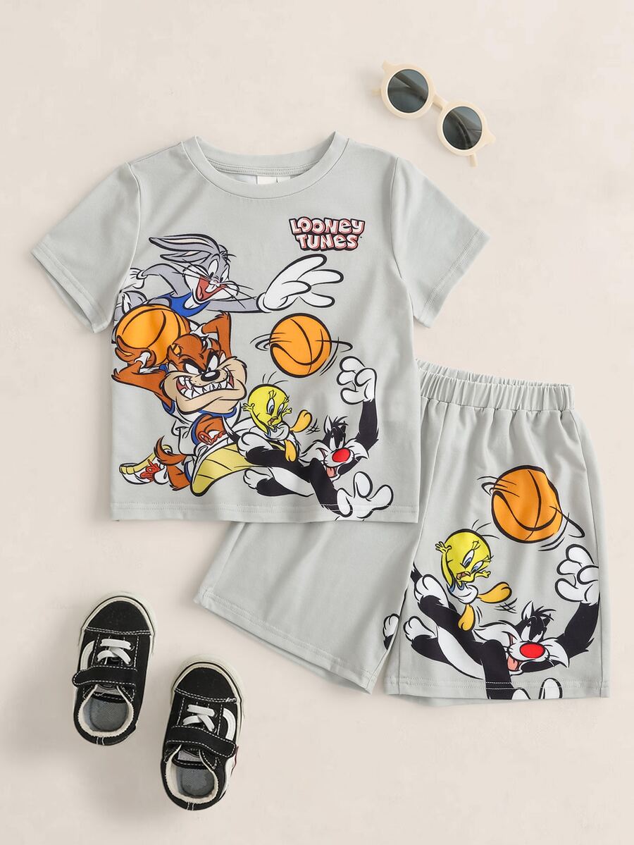 LOONEY TUNES X SHEIN 小男孩卡通印花T恤短褲套裝 - 灰色 - 查看 1