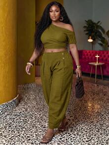 Zivah 2026 Spring/Summer Women's Plus Size New Bold, Classy Feminine Style Tummy Control Fit Breathable Lightweight Elegant Romantic Classic Brown Button Cuffed Pants - Green - View 7