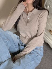 DAZY 女款純色修身長袖 Polo 領休閒度假韓風秋冬針織毛衣 - 粉色 - 查看 4