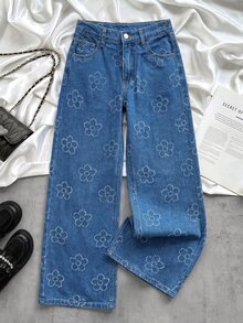 SHEIN 兒童青少年女孩花卉印花藍色牛仔寬鬆長褲 - 藍色 - 查看 4