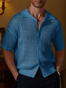 Manfinity Homme Men's Solid Color Short Sleeve Single-Breasted Hollow Knit Cardigan - Blue - View 1