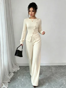 Elenzga Women's Fashion New Apricot Pearl Button Asymmetrical Ribbed Knit Long Sleeve Pearl Button Commute Work Date Gentle Elegant Intellectual 2 Pieces Set - Apricot - View 4