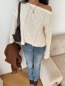Dulcita Women's Autumn/Winter Asymmetrical Shoulder Round Neck 2-Way Wear Cable Knit Long Sleeve Loose Casual Versatile Knit Sweater - Apricot - View 6