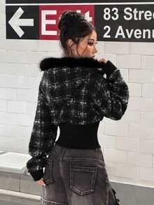 StreetHx Y2K Vintage Plaid Zipper Short Wool Jacket, Frayed Fur Collar Hooded Long Sleeve Ribbed Hem Street Style Short Coat - Multicolor - View 2