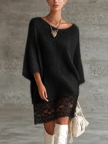 SHEIN فستان نسائي بلون موحد بأكمام 3/4 وحافة دانتيل متباينة من الصوف المحبوك - الأسود - مشاهدة 1