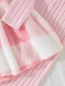 青少年女孩 3 件套格紋毛絨繫帶開襟背心、羅紋針織長袖上衣與長褲套裝 - 粉色 - 查看 5