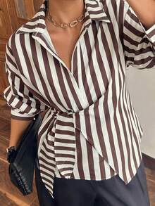 Dazy Plus Solid Color Lapel Half-Open Front Hem Tie White Long Sleeve Shirt Plus Size Women Spring Autumn - Khaki - View 2