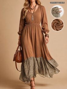Linhara CURVE Plus Size Women's Spring Long Sleeve Fashion: Casual, Minimalist And Versatile Vintage Brown Patchwork Leopard Print Random Pattern Dress - Suitable For Autumn/Winter Wear - Multicolor - View 1
