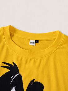 LOONEY TUNES X SHEIN 男士字母卡通印花短袖上衣與短褲休閒居家服套裝 - 黃色 - 查看 3