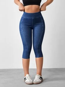 SHEIN CURVE+ Celana Capri Denim Skinny Fit Ukuran Plus - Biru - View 5