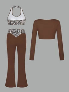 SHEIN Core Rhythm Autumn/Winter New Leopard Print Patchwork Fleece Long Sleeve Flared Leggings High Elasticity Yoga Sports 2 Pieces Set Women's Athletic Outfit - Multicolor - View 4