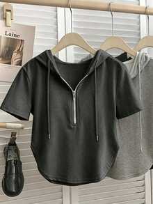 GlowEve 女款休閒不對稱抽繩拉鍊連帽短袖衛衣，春/夏 - 灰色 - 查看 3
