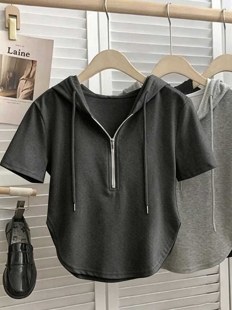 GlowEve Women's Casual Asymmetrical Drawstring Zipper Hooded Short Sleeve Sweatshirt, Spring/Summer - Grey - View 3