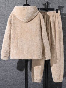 青少年男孩 2件組 冬季休閒開學季抓絨半拉鍊連帽衛衣與寬鬆慢跑長褲，適合秋季開學季 - 杏色 - 查看 2