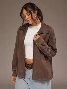 Freevana Plus Size Casual Versatile Jacket For Autumn Fall - Coffee Brown - View 1