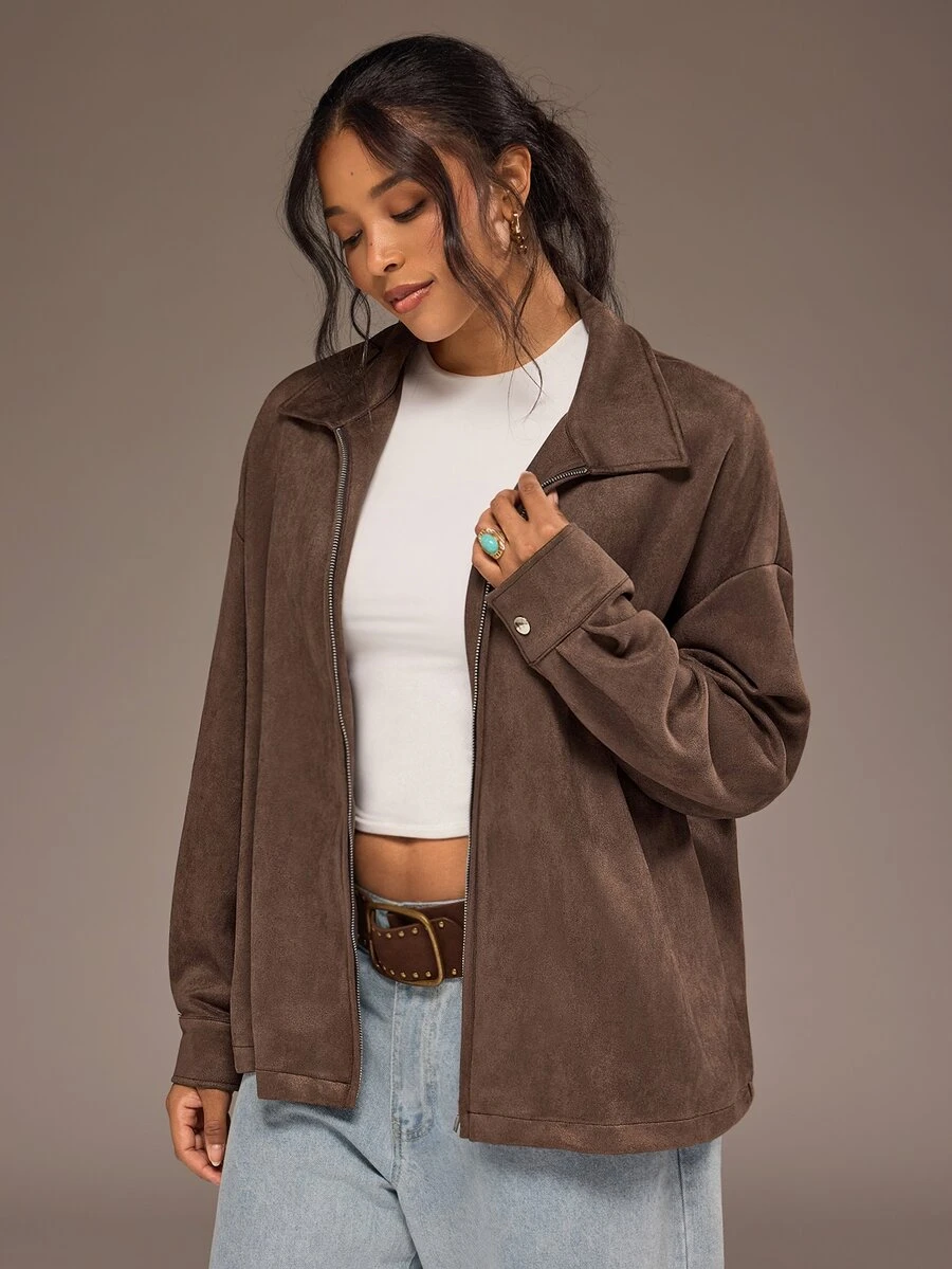 Freevana Plus Size Casual Versatile Jacket For Autumn Fall - Coffee Brown - View 1
