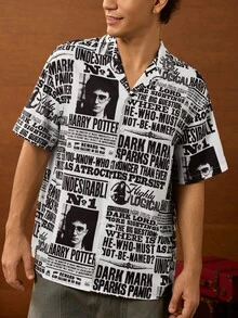 HARRY POTTER X SHEIN Men's Letter Print Fashion Single-Breasted Short Sleeve Shirt - White - View 6