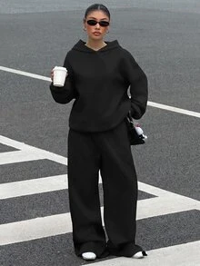 Muchica 休閒極簡風女款兩件套，秋冬女款帽 T 與運動長褲套裝，適合秋冬，百搭，適合日常穿著 - 黑色 - 查看 1