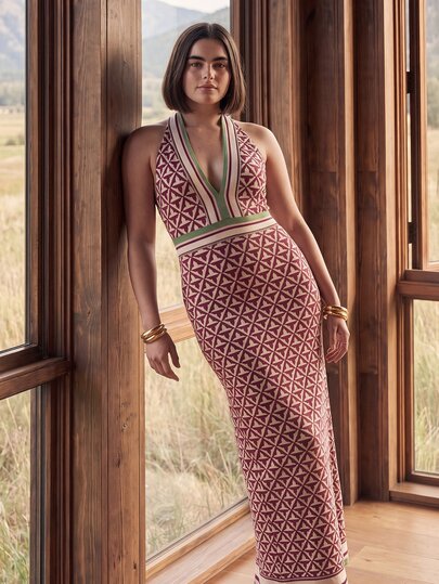 CAJUNI Plus Size Women's Geometric Print V-Neck Fitted Elegant Halter Neck Dress